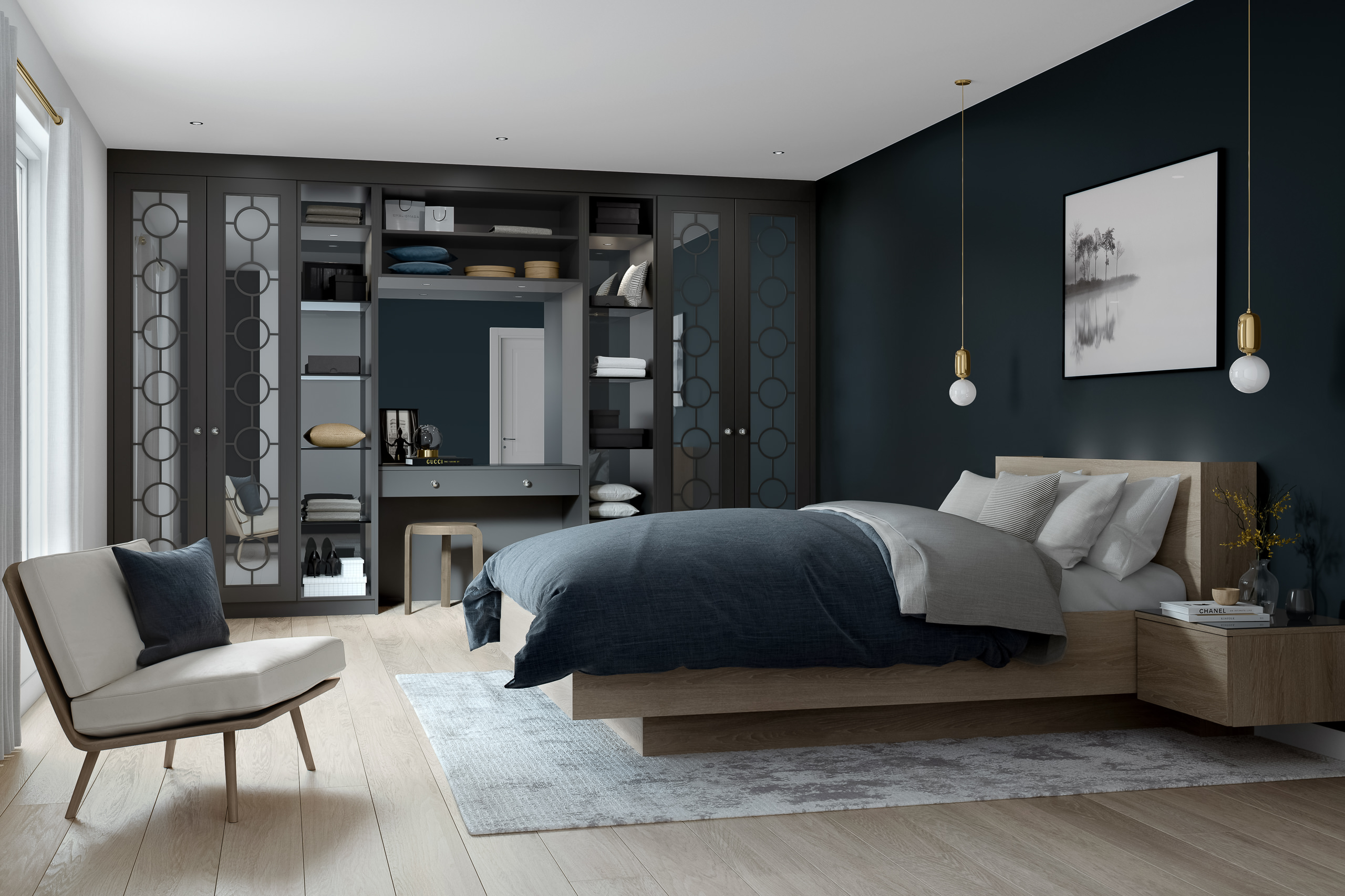 Painted hinged door wardrobe with integrated storage