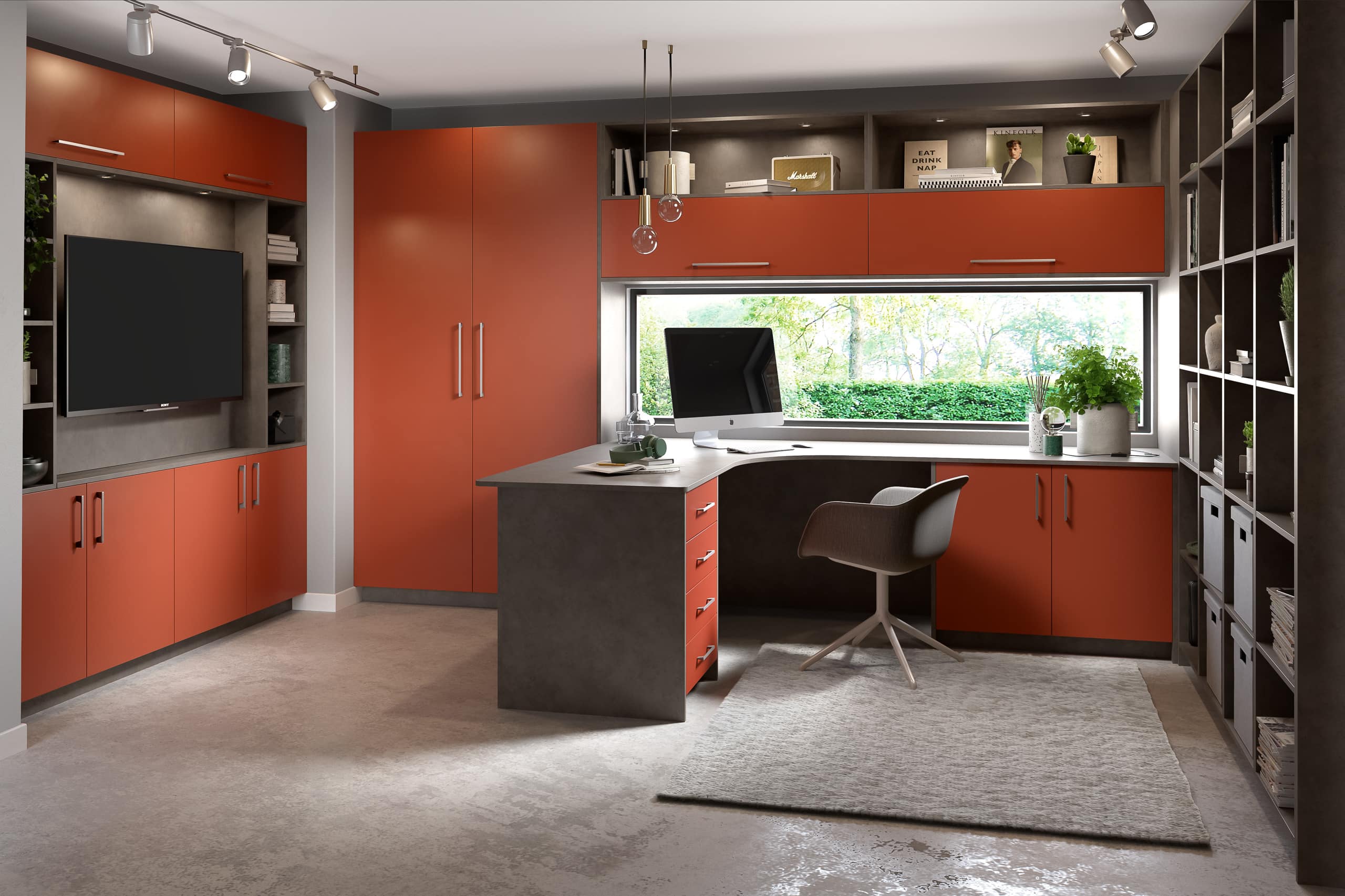 Contemporary media wall unit with concealed storage