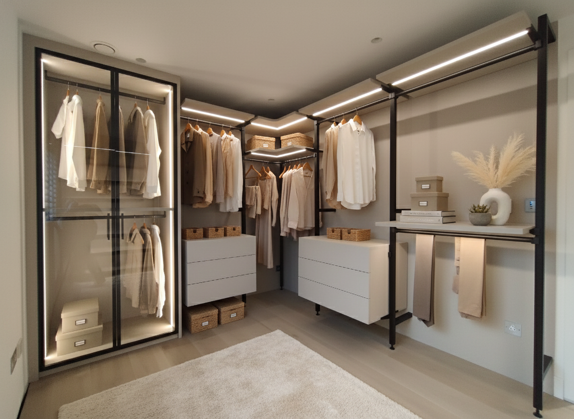 Walk-in wardrobe with wooden storage units by Highlux
