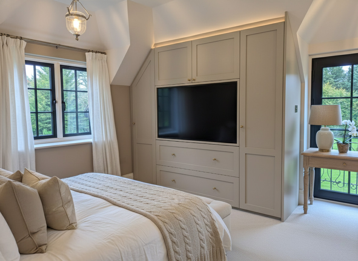 Attic bedroom fitted wardrobe with angled doors
