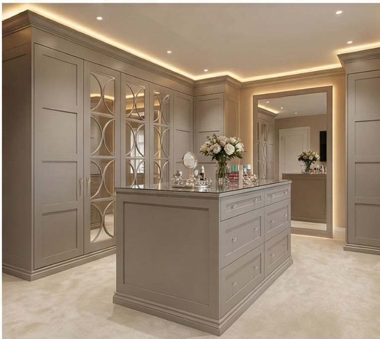 Walk-in wardrobe with wooden storage units by Highlux